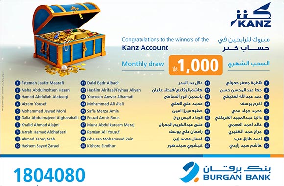 Burgan Bank Announces the Names of the Monthly Draw Winners of Kanz Account