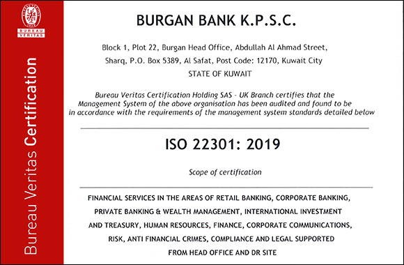 Burgan Bank Attains ISO 22301:2019 BCMS Certification